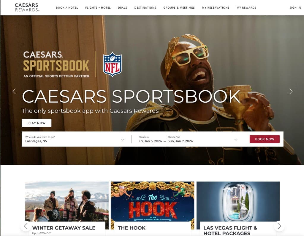 Caesars Rewards homepage with Sportsbook hero