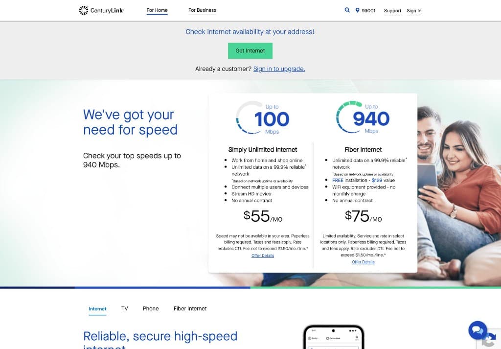 CenturyLink homepage with internet speed offers