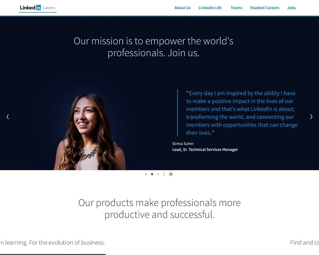 LinkedIn Careers homepage with employee mission stories